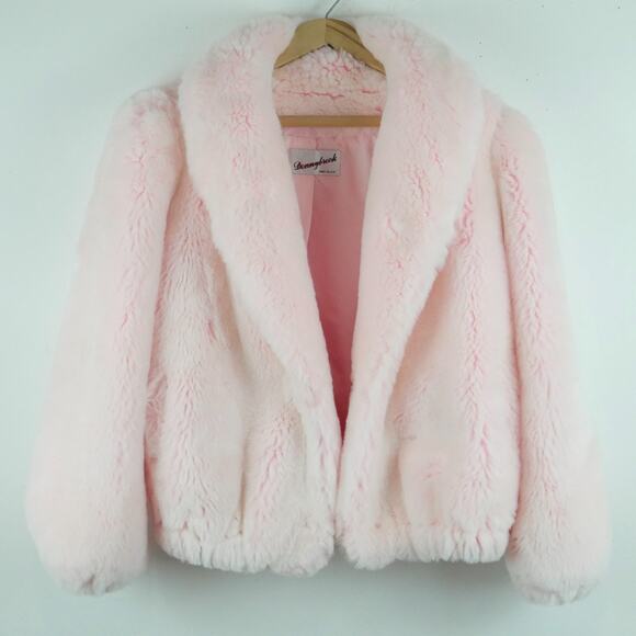 Vintage Size 12 Faux Fur Coat Pink Open Wear Glam Girly Bling Rave Grunge 70s - Picture 1 of 10